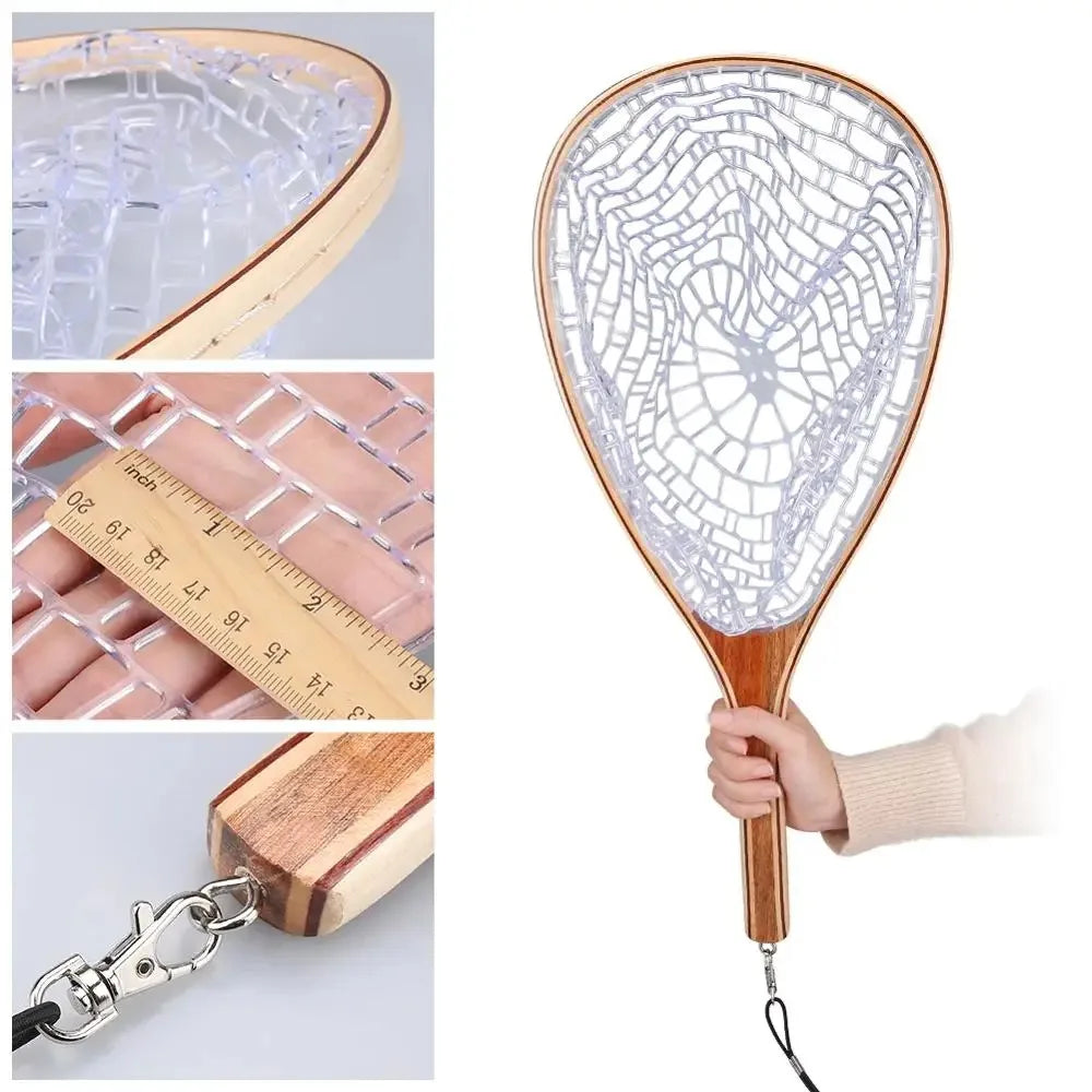 Rubber Mesh Netting Wooden Handle Fly Fishing Equipment